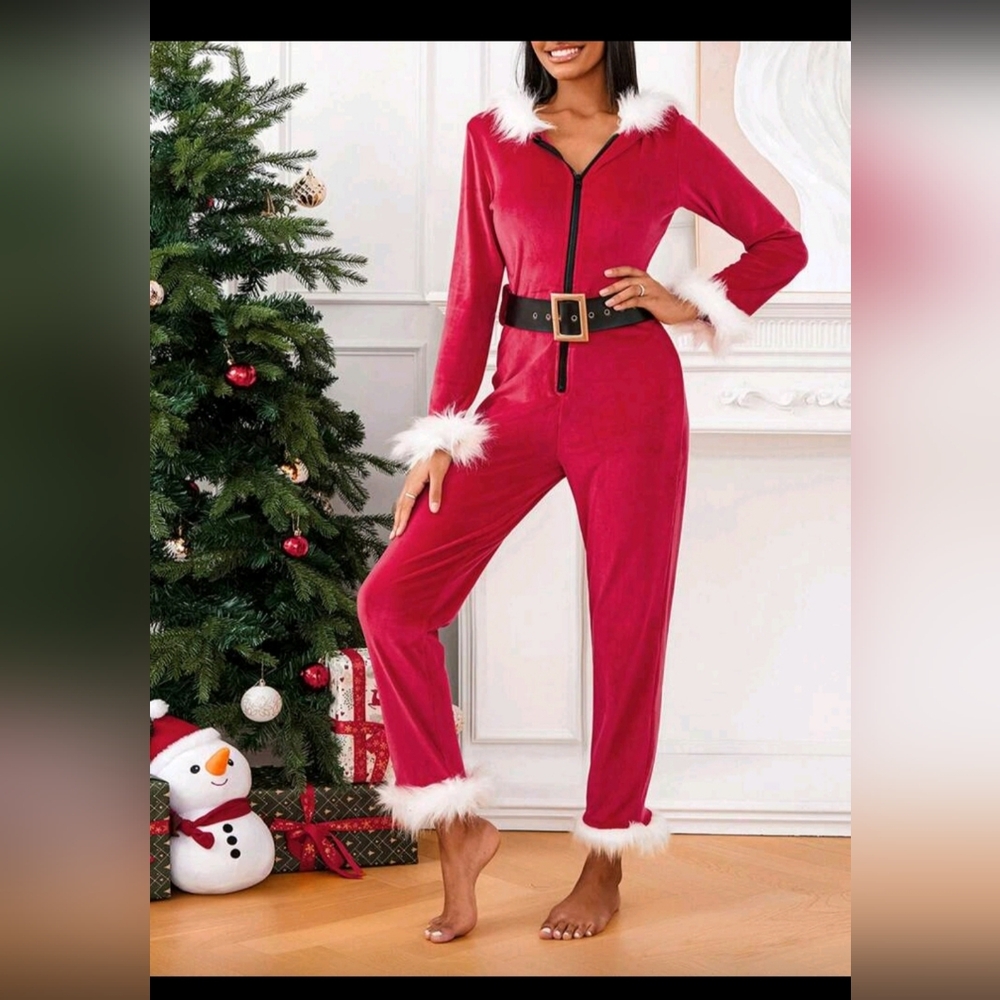 SHEIN Red Festive Jumpsuit with White Trim
